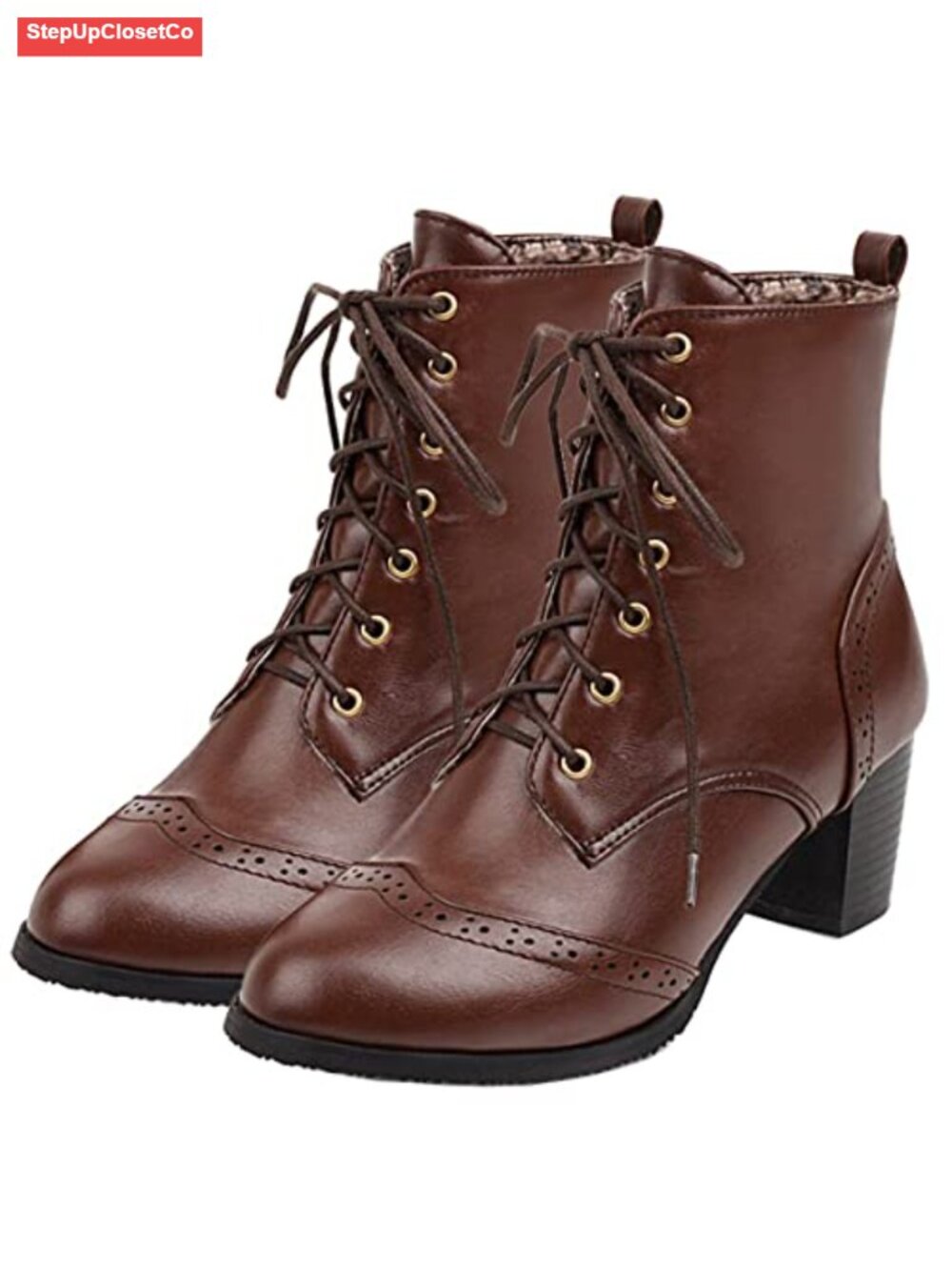 Wingtip Lace Up Ankle Booties Chunky Block Heel Boots